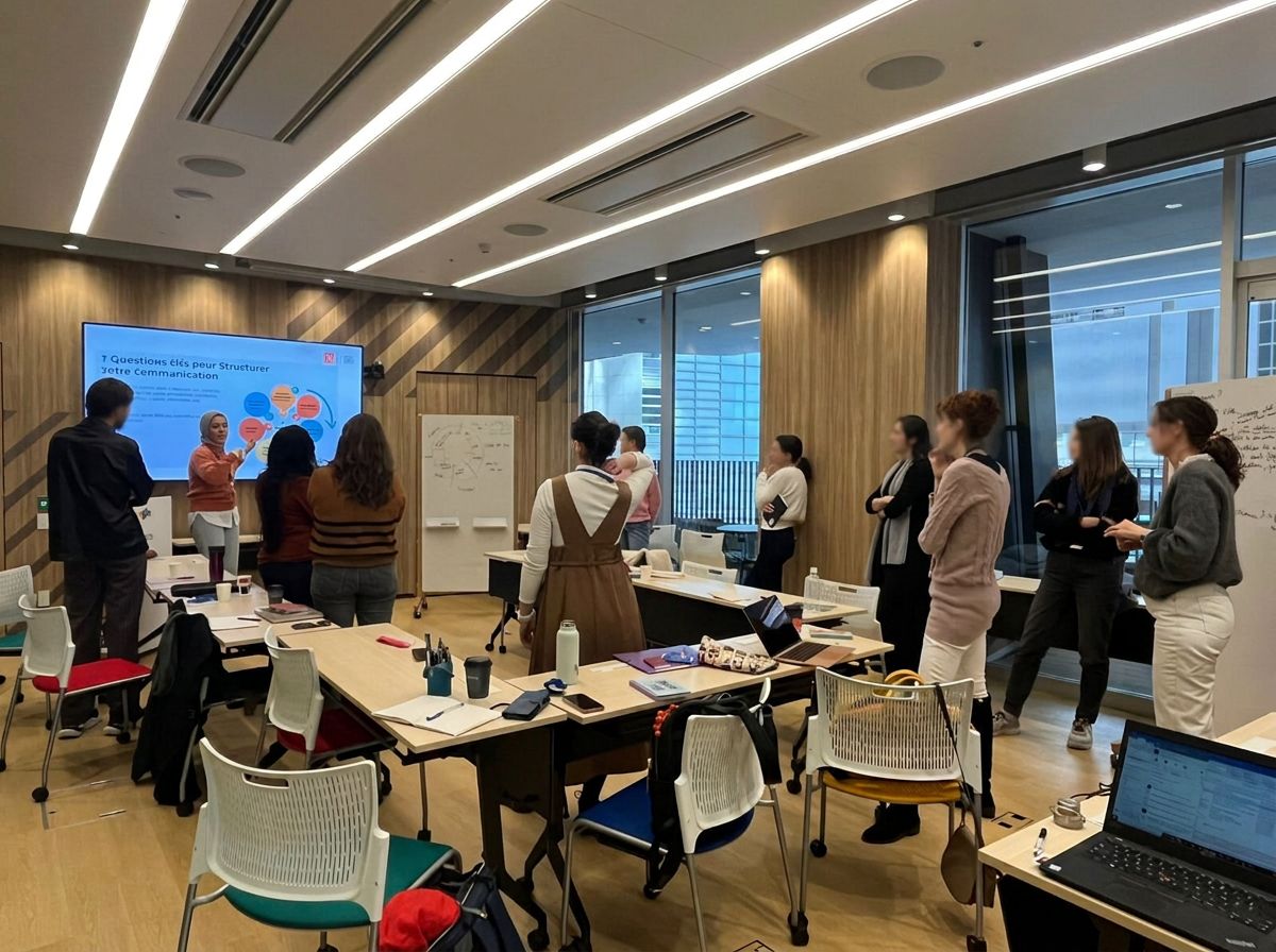 Professionals discussing around whiteboards during a facilitated session